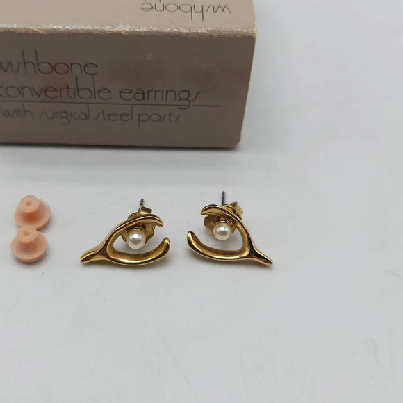Avon 1984 Wishbone Convertible Earrings Faux Pearl Surgical Steel Posts - Picture 3 of 5